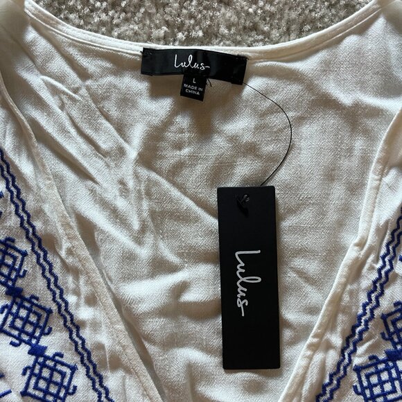 Lulus Gone to Greece White Embroidered Short Sleeve V-Neck Mini Dress, L - Picture 4 of 9